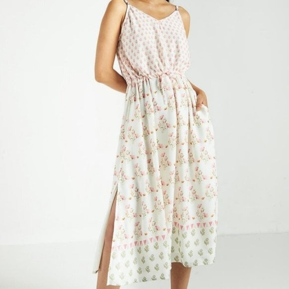 NEW Madewell x Reistor Ivory Floral Tencel Strappy Midi Dress Pink Green Small